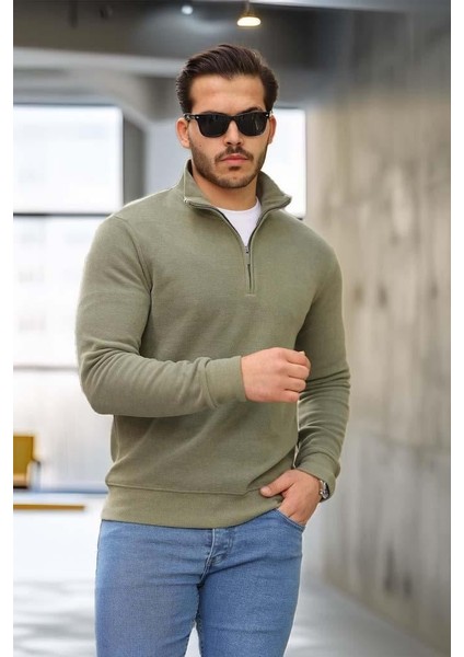 Selanik Örme Kumaş Yarım Fermuar Erkek Sweatshirt - Haki fiyatları