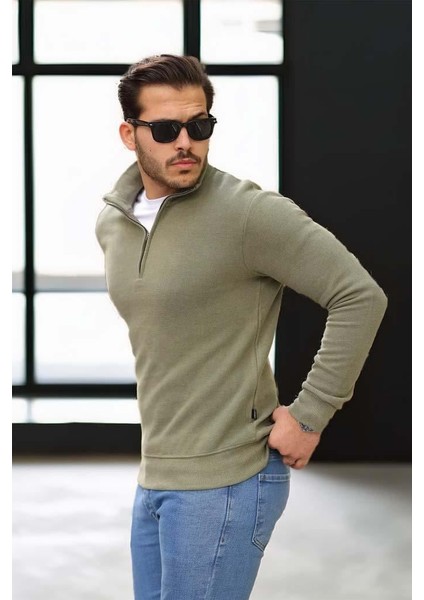 Selanik Örme Kumaş Yarım Fermuar Erkek Sweatshirt - Haki fırsatları