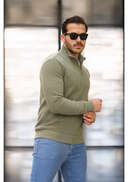 Selanik Örme Kumaş Yarım Fermuar Erkek Sweatshirt - Haki indirimleri