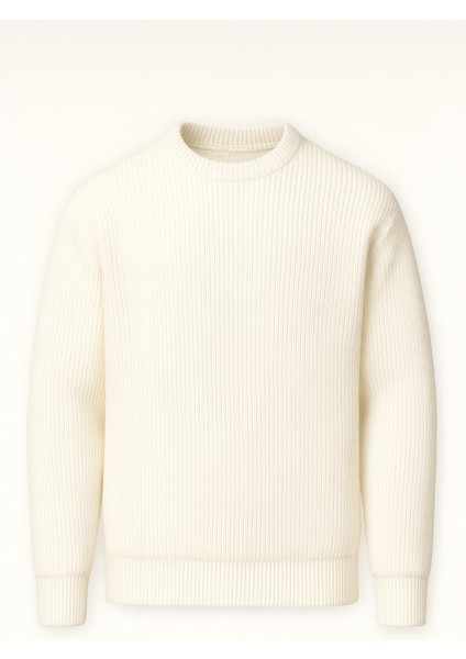 Pilar Oversize Selanik Örgülü Bisiklet Yaka Erkek Triko Kazak - Ekru