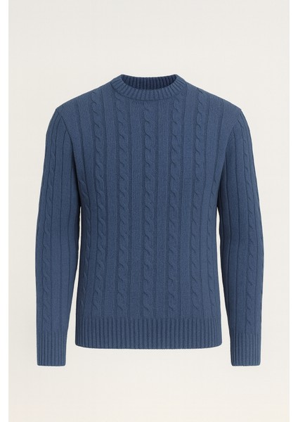 Saç Örgülü Bisiklet Yaka Erkek Triko Kazak - İndigo