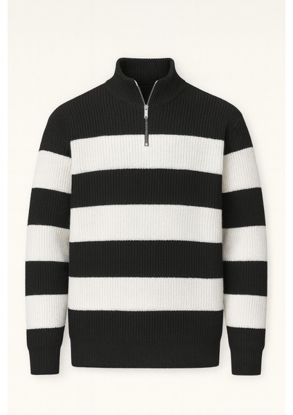 Çizgili Selanik Örgülü Yarım Fermuar Triko Erkek Kazak - Siyah