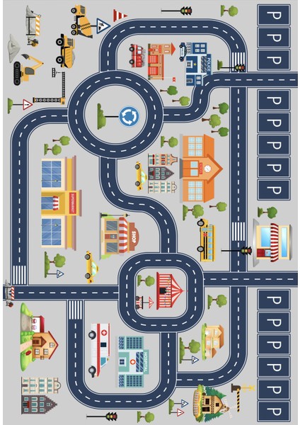 Dijital Baskılı Dekoratif Kaymaz Taban Yıkanabilir Trafik Parkı Temalı Çocuk Halısı modelleri