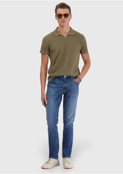 Indigo Düz Slim Fit Denim Pamuk Karışımlı Pantolon