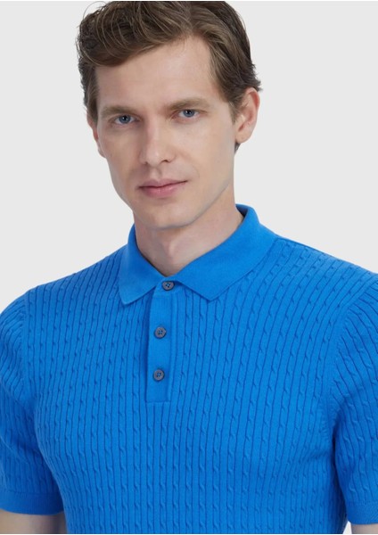 Mavi Polo Yaka Jakarlı Pamuk Karışımlı Triko modelleri