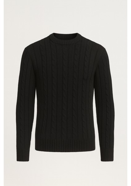 Saç Örgülü Bisiklet Yaka Erkek Triko Kazak - Siyah