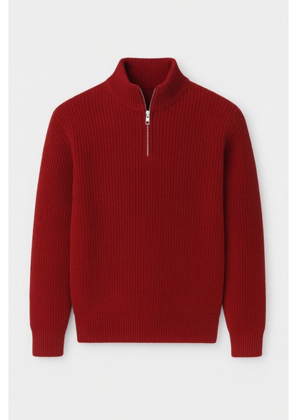 Nolan Oversize Selanik Örgü Yarım Fermuar Erkek Triko Kazak - Kırmızı