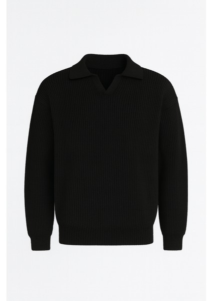 Oversize Gömlek Polo Yaka Selanik Örgülü Erkek Triko Kazak - Siyah