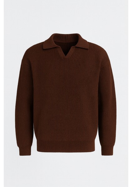 Oversize Gömlek Polo Yaka Selanik Örgülü Erkek Triko Kazak - Kahve