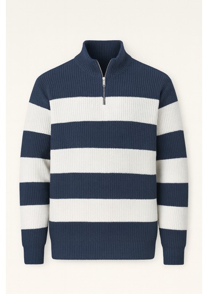 Pedro Oversize Çizgili Selanik Örgülü Yarım Fermuar Triko Erkek Kazak - İndigo