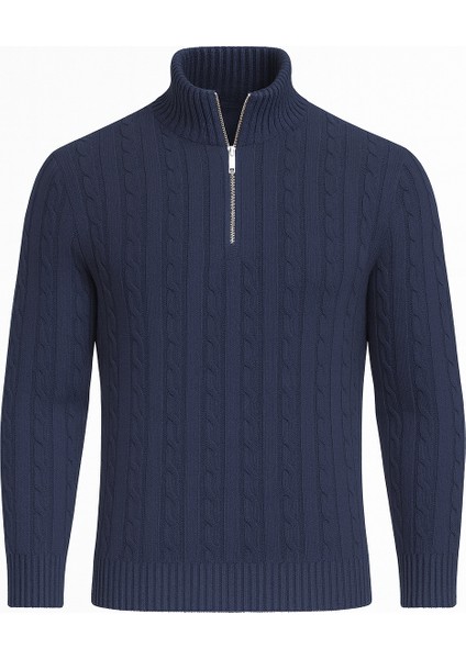 Bardem Saç Örgülü Yarım Fermuar Erkek Triko Kazak - İndigo