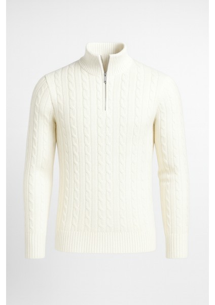 Bardem Saç Örgülü Yarım Fermuar Erkek Triko Kazak - Ekru