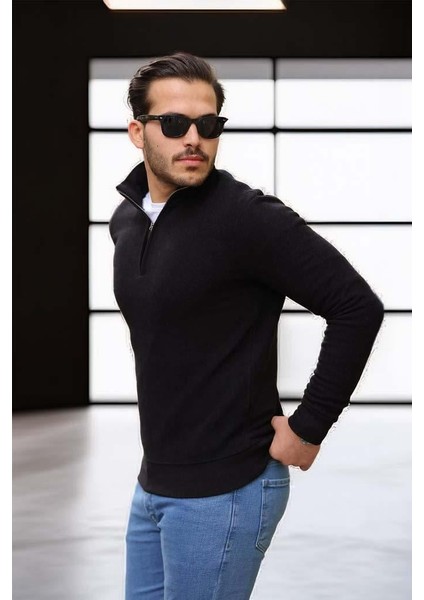 Selanik Örme Kumaş Yarım Fermuar Erkek Sweatshirt - Siyah fırsatları