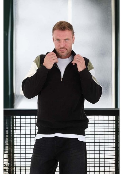 Oversize Erkek Kolları Garnili Selanik Örme Erkek Sweatshirt - Siyah modelleri