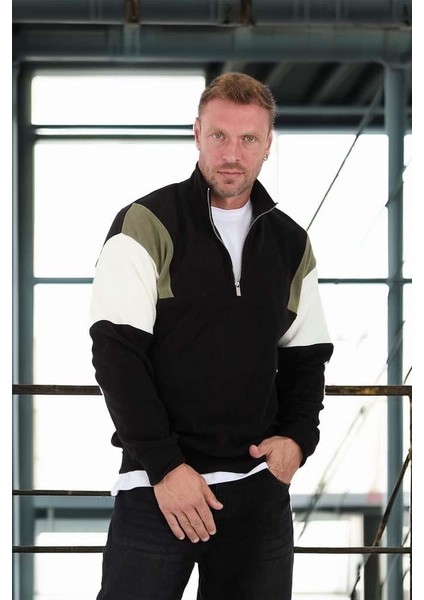 Oversize Erkek Kolları Garnili Selanik Örme Erkek Sweatshirt - Siyah fırsatları