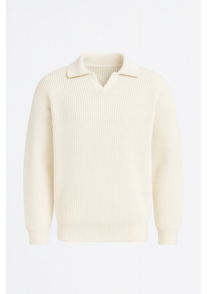 Oversize Gömlek Polo Yaka Selanik Örgülü Erkek Triko Kazak - Ekru