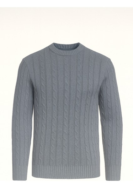 Saç Örgülü Bisiklet Yaka Erkek Triko Kazak - Füme