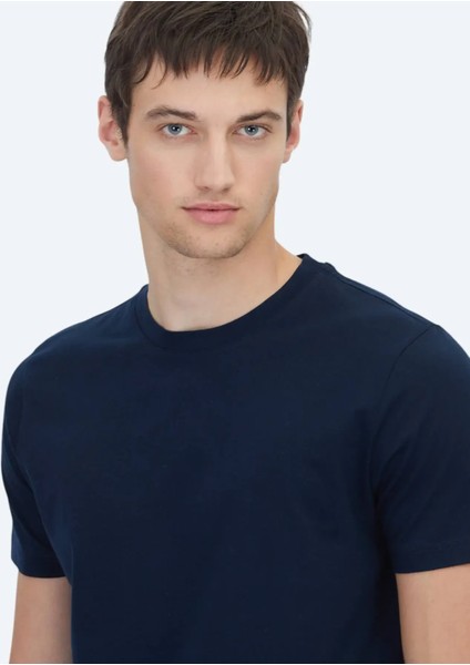 Lacivert Düz Bisiklet Yaka %100 Pamuk T-Shirt fırsatları