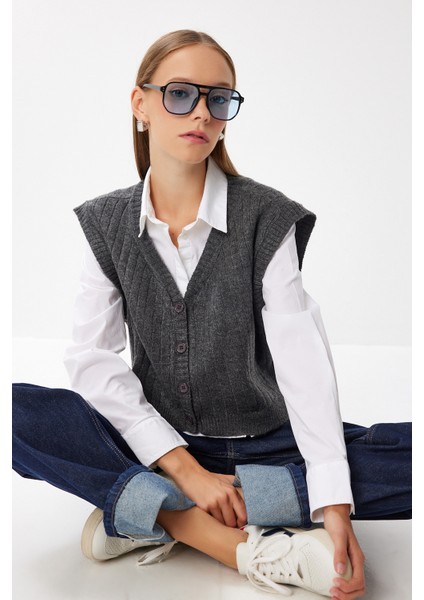 V Yaka Crop Triko Yelek LRG0040 Antrasit