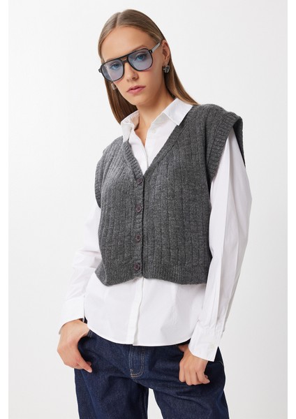 V Yaka Crop Triko Yelek LRG0040 Antrasit fiyatları