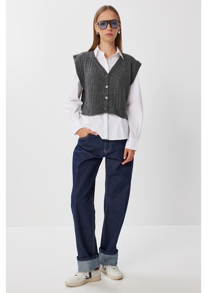 V Yaka Crop Triko Yelek LRG0040 Antrasit modelleri