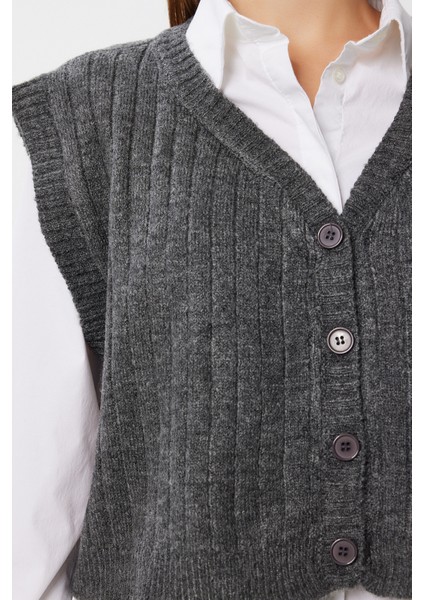 V Yaka Crop Triko Yelek LRG0040 Antrasit fırsatları