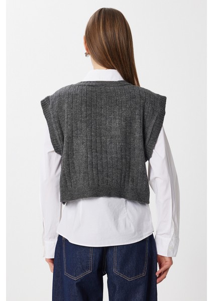 V Yaka Crop Triko Yelek LRG0040 Antrasit indirimleri