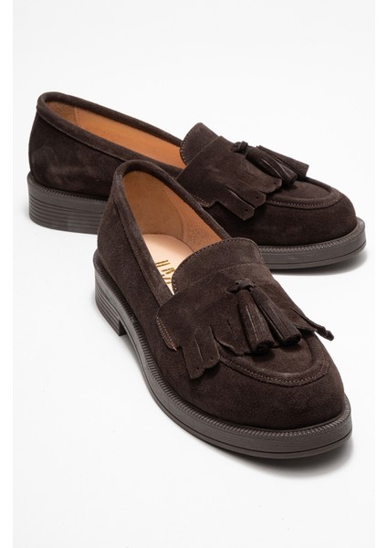 Milina Kahverengi Süet Püsküllü Hakiki Deri Kadın Loafer Ayakkabı