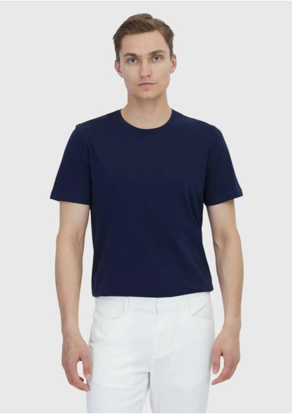 Lacivert Düz Bisiklet Yaka %100 Pamuk T-Shirt