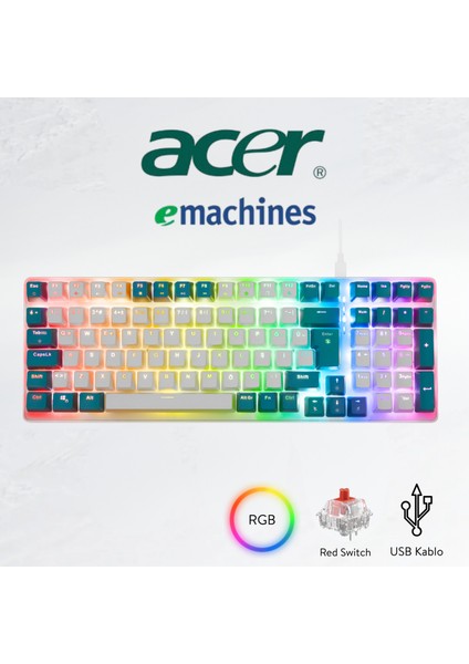 Emachines EAK100 Beyaz/yeşil USB Rgb Backlight Red Swıtch Mekanik Q 101 Tuşlu Compact Gaming Klavye