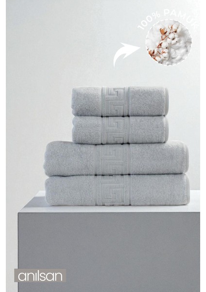 4'lü Gri Greek Havlu Set %100PAMUK - 2 Adet El Havlusu 50X90 ve 2 Adet Banyo Havlusu 70X140