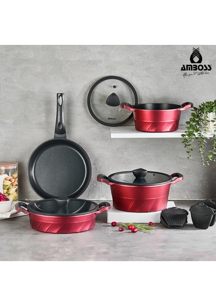 Vento 7 Parça Döküm Titanyum Kaplama Tencere Tava Seti Kırmızı