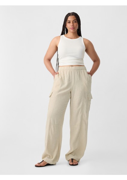 Kadın Bej Keten Karışımlı Paraşüt Kargo Pantolon indirimleri