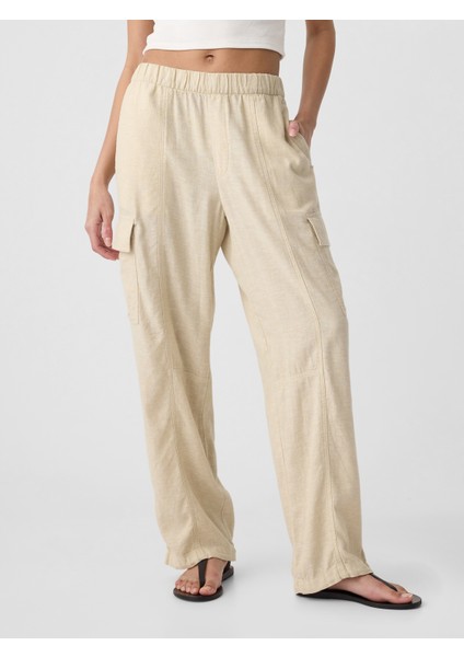 Kadın Bej Keten Karışımlı Paraşüt Kargo Pantolon