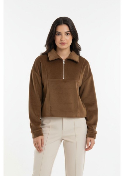 Vizon Kadın Peluş Yarım Fermuarlı Crop Sweatshirt 3056A