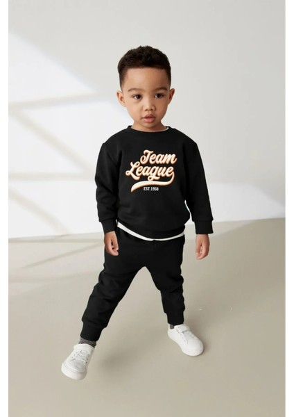 Erkek Çocuk Baskılı Şardonlu Sweatshirt Eşofman Altı 2'li Takım