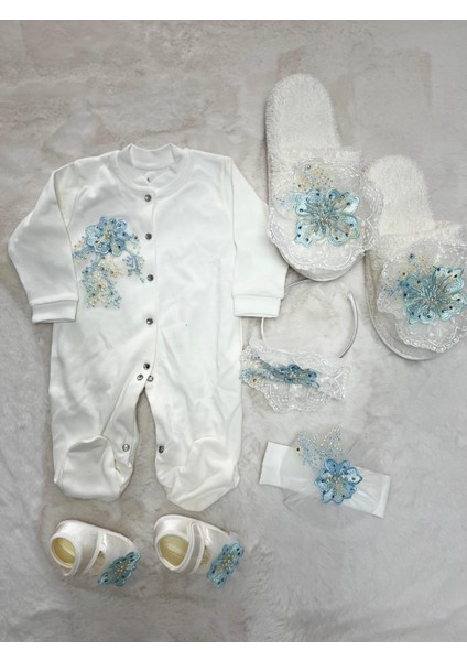 Incili Terlik Taç Tulum Bandana Ayakkabı 5 Li Lohusa Seti