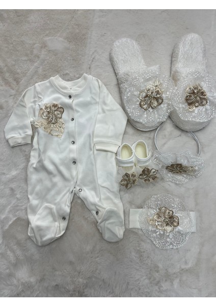 Gold Dantelli Terlik Taç Tulum Bandana Ayakkabı 5 Li Lohusa Seti