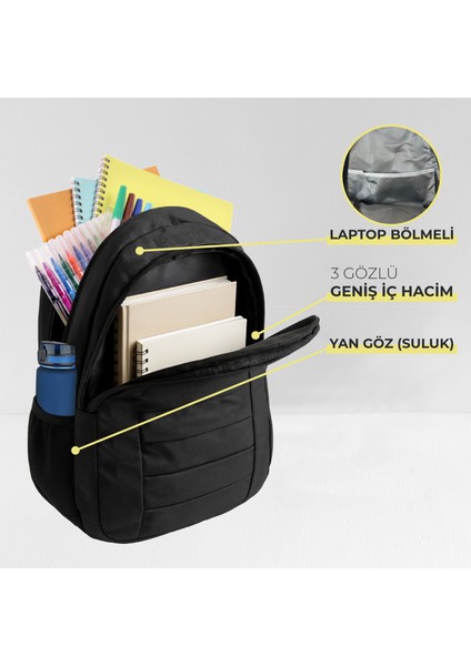 Unisex Okul Sırt Çantası Laptop Bölmeli Ergonomik, Çok Gözlü Su Geçirmez 105 Siyah fiyatları