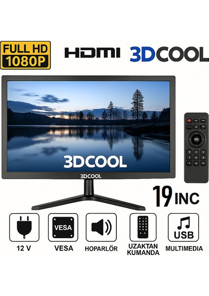 3D-19LXAE 19" Full Hd HDMI VGA USB Hoparlörlü Kumandalı 12V LED Monitör