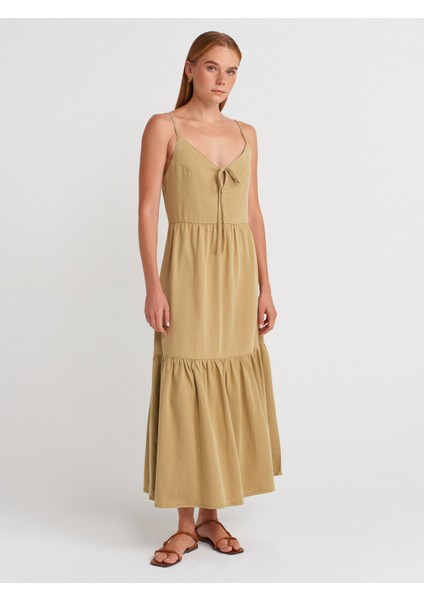 90575 Uzun Dekolte Denim Elbise-Çağla