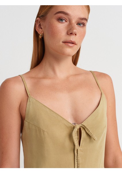 90575 Uzun Dekolte Denim Elbise-Çağla modelleri