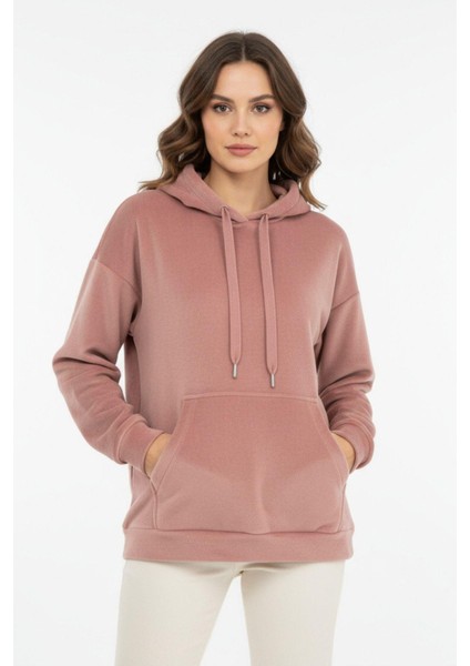Pembe Kadın Peluş Kanguru Cepli Kapüşonlu Sweatshirt 3061A