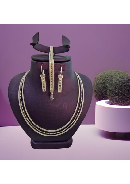 Zincirli Gümüş Takım Kolye Bileklik Küpe Bayan Seti TKM-227