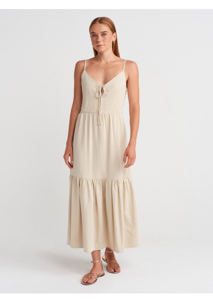 90575 Uzun Dekolte Denim Elbise-Taş