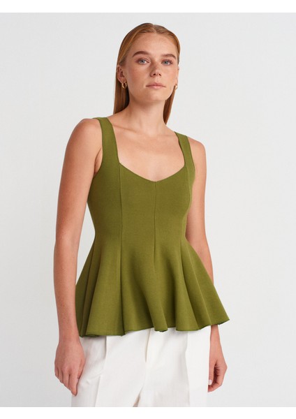 31973 Peplum Streç Top-Yağ Yeşil