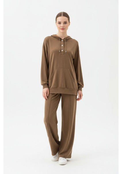 Kahve Cepli Kapüşonlu Tunik Pantolon Takımı 8105A