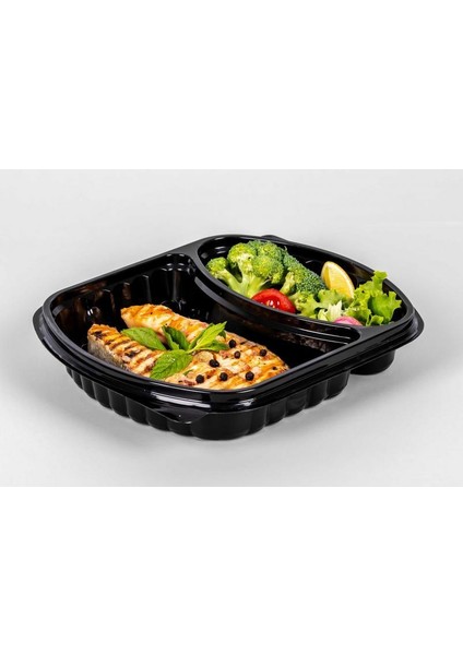 Şeffaf Kapaklı Sıcak Soğuk Isıya Dayanıklı Yemek Salata Kabı - 2 Bölmeli - 21X25 Cm. - 100 Adet fırsatları