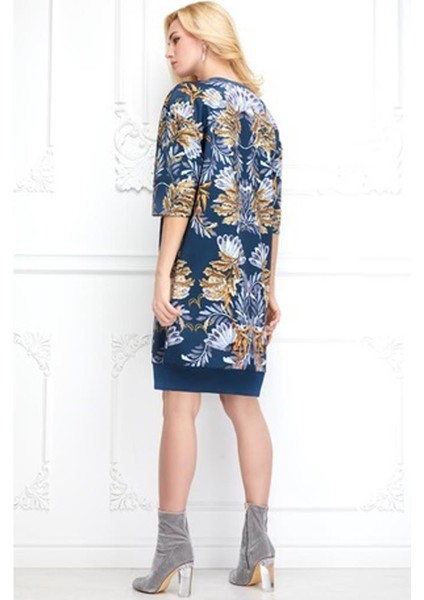 Mavi Yarım Kollu Desenli Elbise 40 Beden modelleri