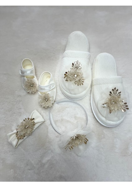 Gold Dantelli Terlik Taç Bandana Ayakkabı 4 Lü Lohusa Seti